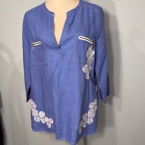 Multiples linen and cotton floral embroidered top Size M